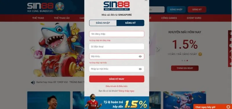Hướng dẫn đăng nhập Sin88